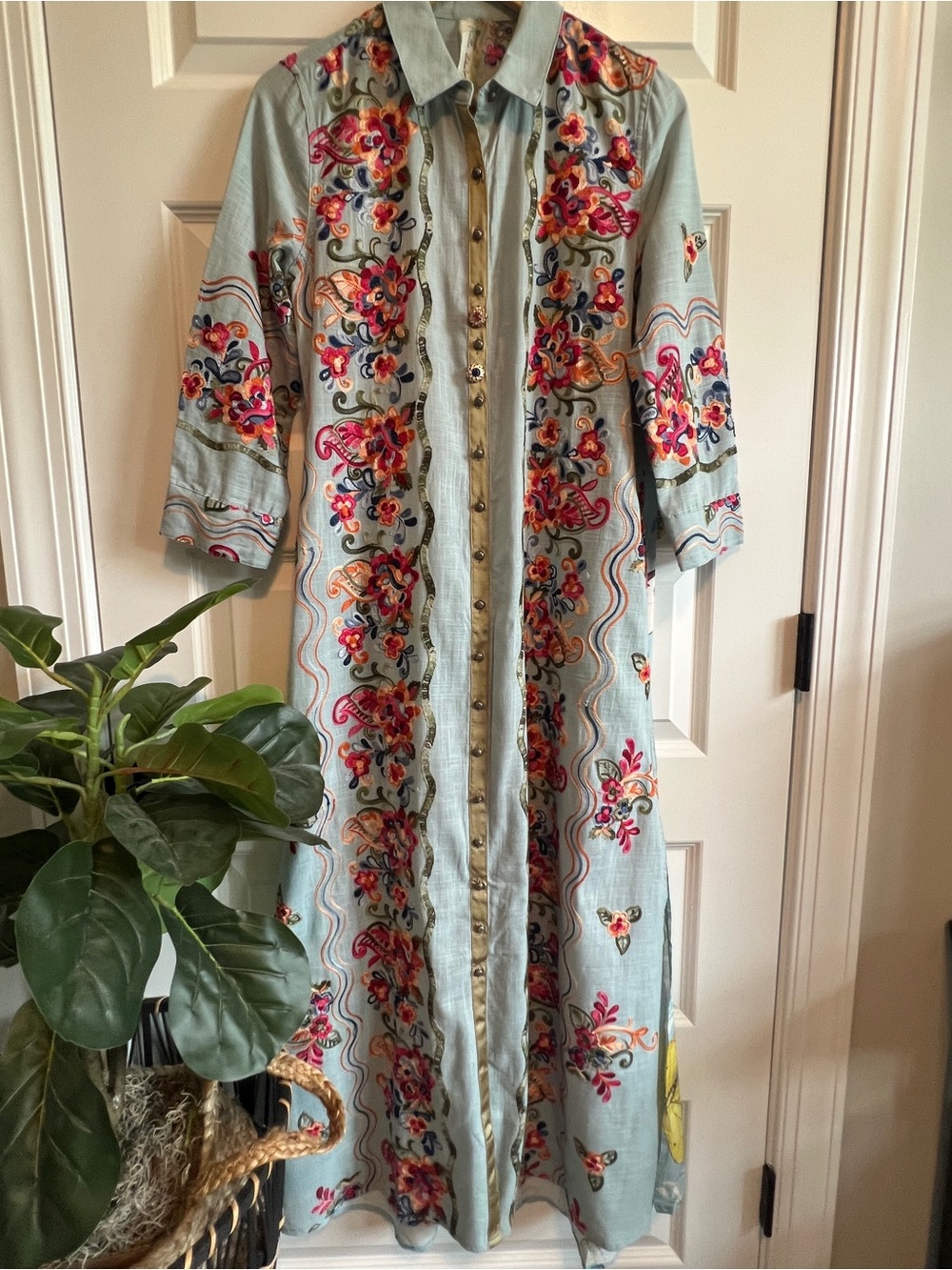 ARATTA Beauty Mark Duster Maxi Oversized XS Small Embroidered NWT
